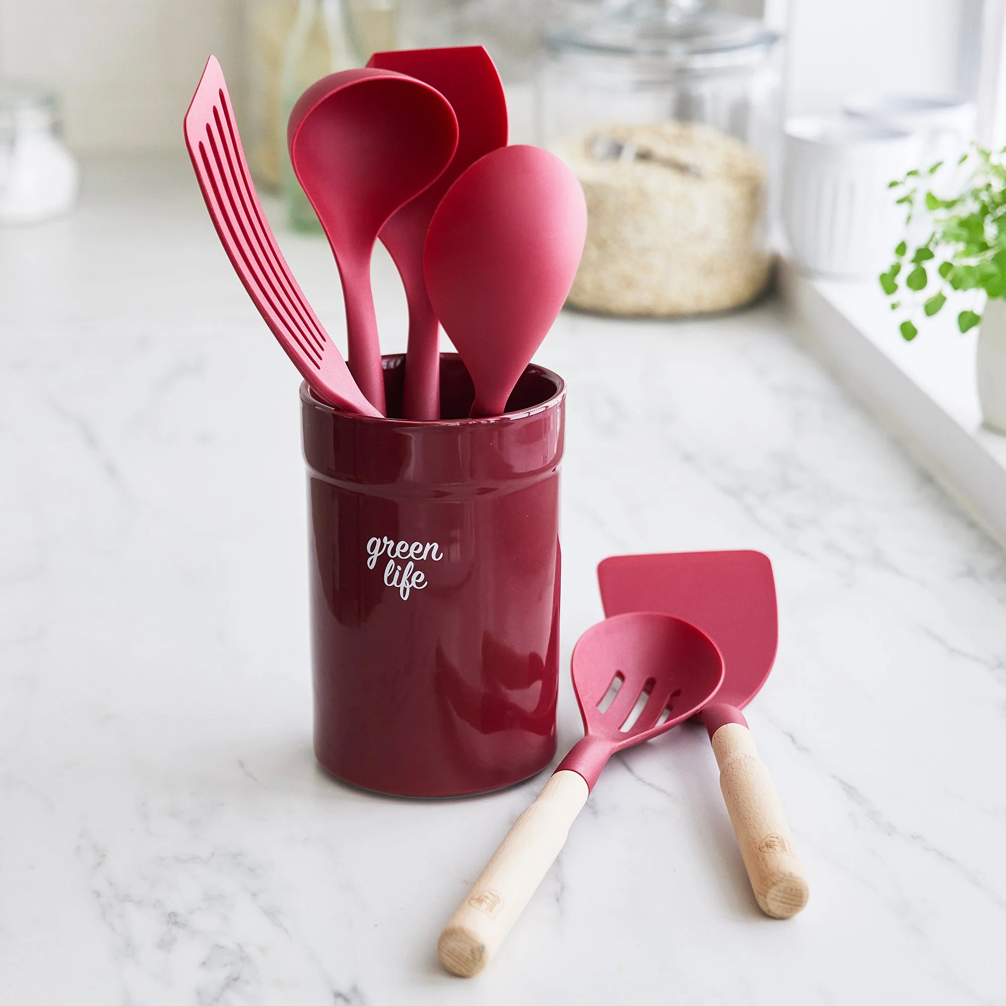 GreenLife Nylon & Wood Cooking Utensils with Ceramic Crock, 7-Piece Set | Red - Image 2