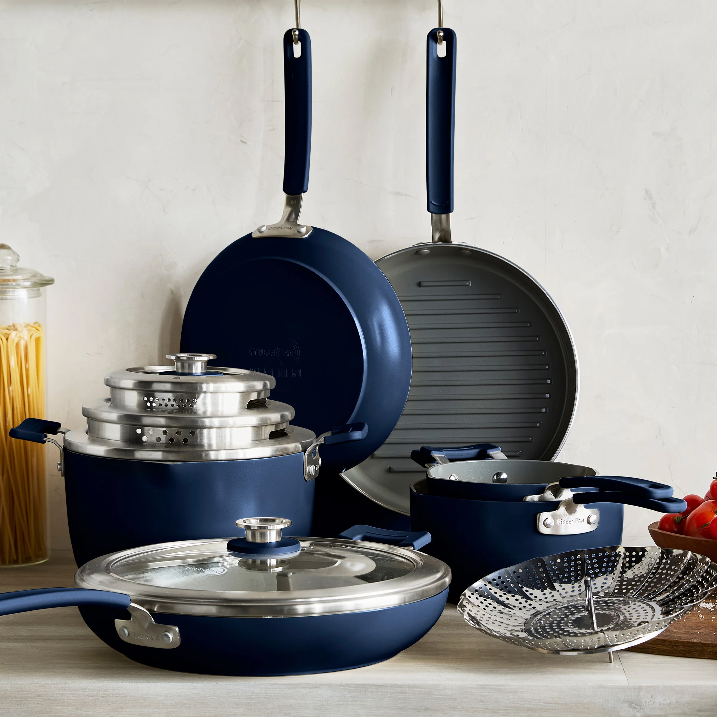 Space Saving Stack Ceramic Nonstick 11-Piece Cookware Set | Oxford Blue - Image 3
