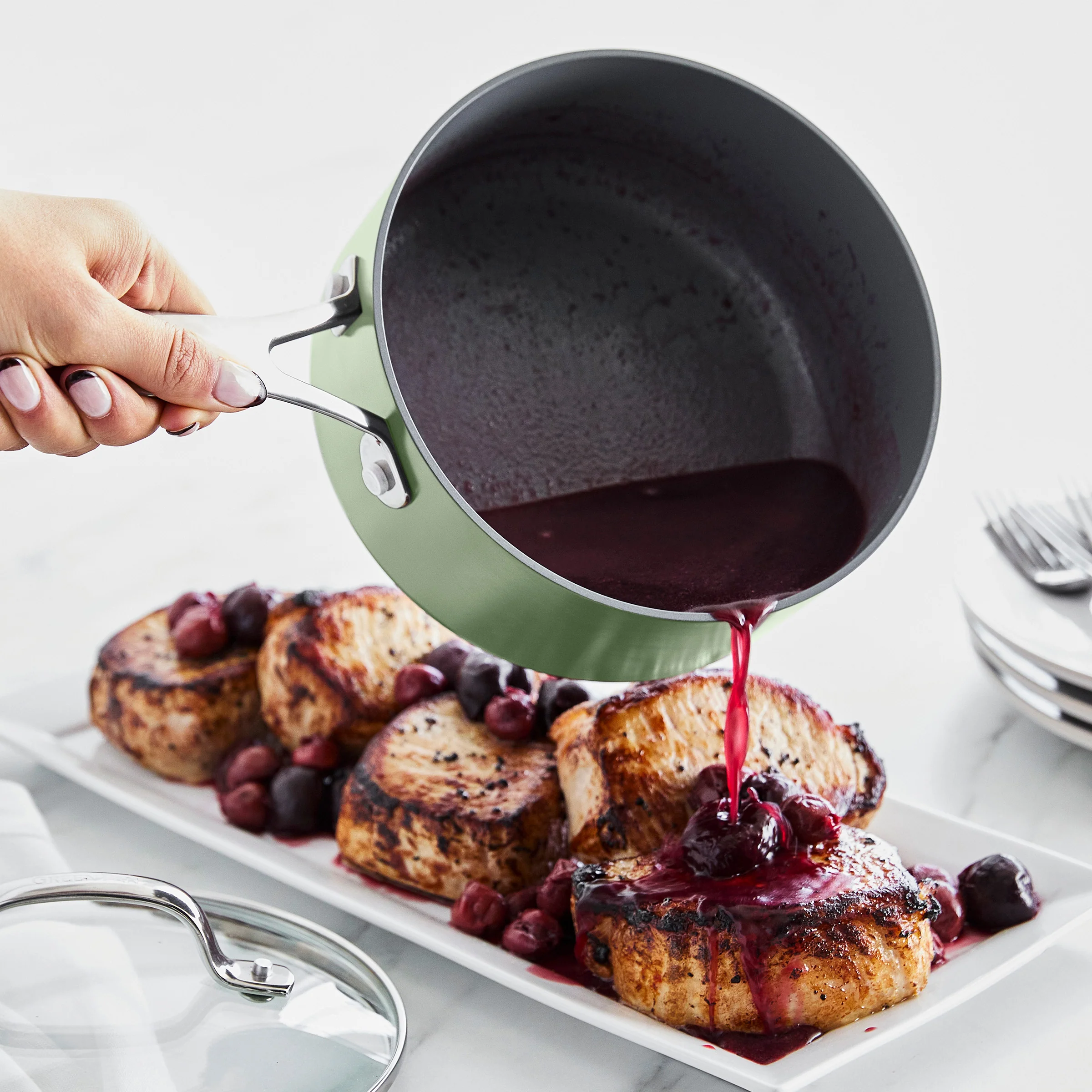 Valencia Pro Ceramic Nonstick 1.5-Quart and 3-Quart Saucepan Set with Lids | Sage - Image 3